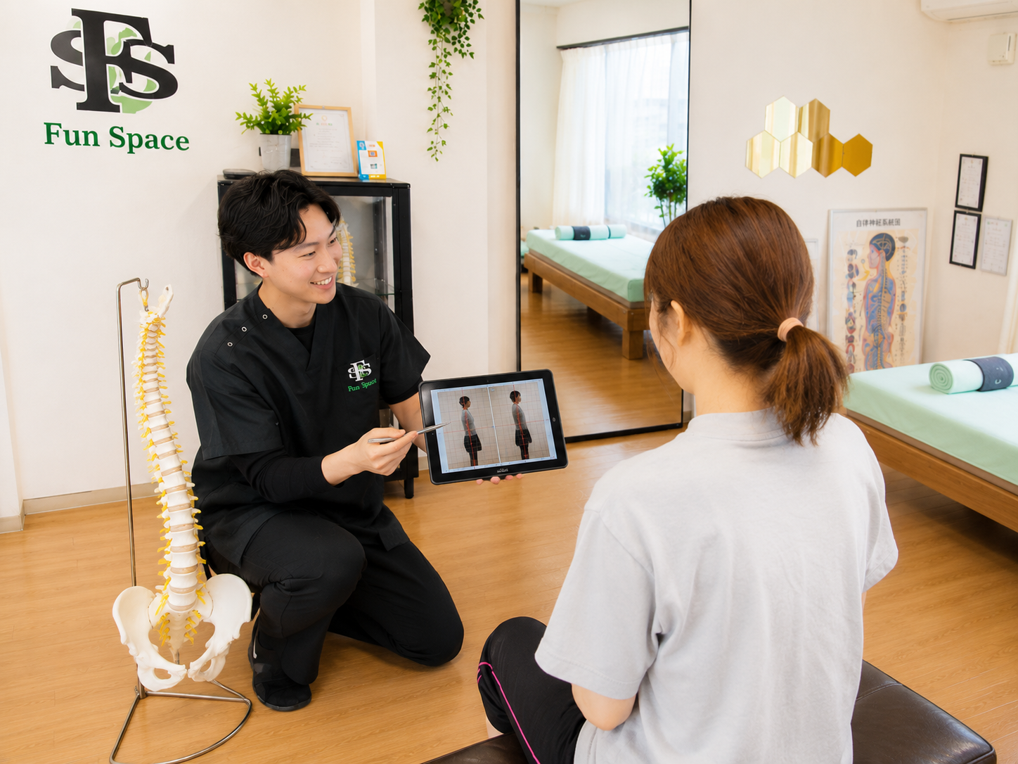 AI姿勢分析で身体の状態を説明する様子